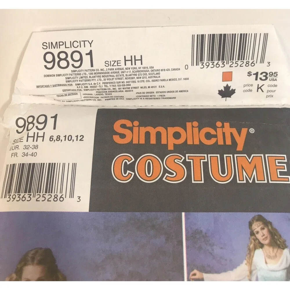 Simplicity 9891 Pattern Renaissance Medieval Maiden Dress Costume  Sz 6 8 10 12